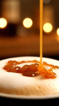 Creamy Latte Art with Drizzling Caramel Sauce and Warm Bokeh Lights in Cozy Cafe Ambiance