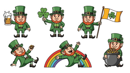 Collection of cheerful leprechauns celebrating Saint Patrick's Day with various props and activities