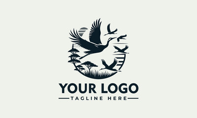 Naklejka premium Elegant flying crane flock over a natural landscape vector. logo. illustration