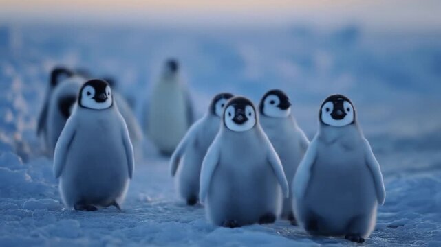 A flock of tuxedoed penguins waddles across a frosty, bluetinted Antarctic ice field under pale sun