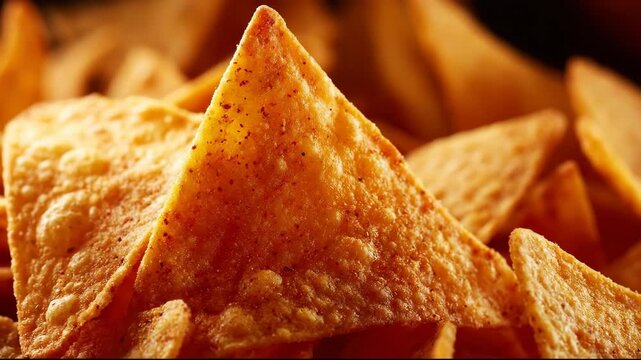 Close-up of crispy tortilla chips, perfect for snacking or dipping. Appetizing and golden.