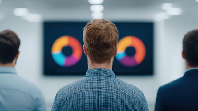 Three individuals observe colorful data visualizations on a screen, indicating a business meeting or presentation environment.