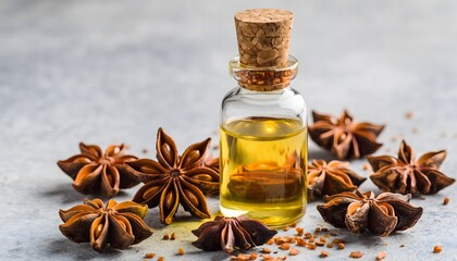 Star anise essential oil in a small glass bottle with whole spices on a concrete background