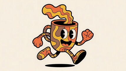  Cartoon groovy coffee glass cup funny character. Cafe coffee drink mug 60s 70s groovy vector character. Restaurant tea or hot chocolate cup funny hurrying and running created with generative ai