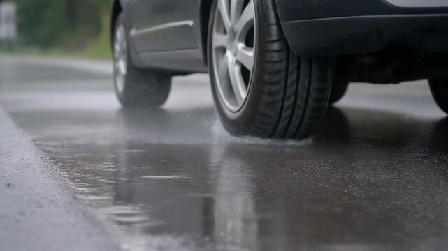 Close-up of car tires driving on a wet road, splashing water during rain.