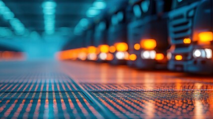 A vibrant industrial scene showcasing trucks lined up in a warehouse, illuminated by blue and orange lights, creating a dynamic atmosphere.