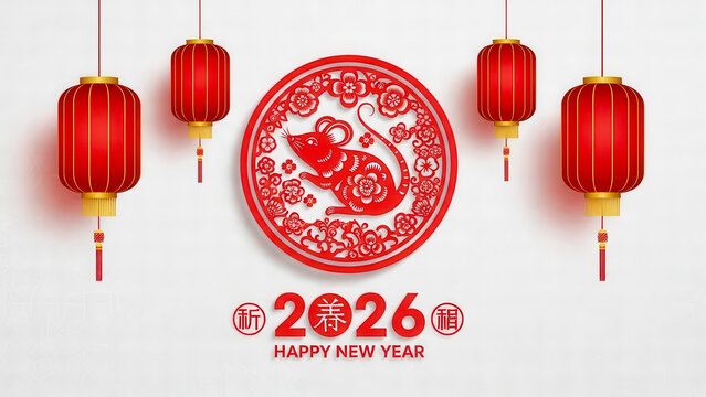 Traditional chinese new year celebration with red lanterns and rat zodiac symbol for 2026 - Powered by Adobe