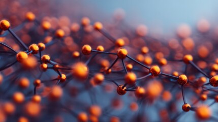 An abstract close-up of interconnected molecules with vibrant orange spheres against a soft blue background, depicting a scientific and technological theme.