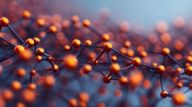 An abstract close-up of interconnected molecules with vibrant orange spheres against a soft blue background, depicting a scientific and technological theme.