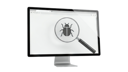 Computer Monitor Displaying A Bug Symbol Magnified By A Magnifying Glass On A White Background Representing Software Debugging And Analysis