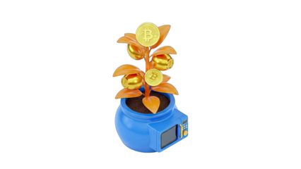 Digital Currency Growth Concept Golden Coins on Orange Leafed Money Tree in Blue Pot with Embedded Screen Displaying Financial Data