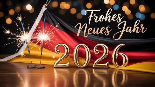 Frohes neues Jahr, Silvester Party, Neujahr Gru&szlig;karte, Flagge Deutschland - Deutschlandflagge Jahreszahl 2026 und Wunderkerze auf Tisch, Bokeh Lichter im Hintergrund created with generative ai