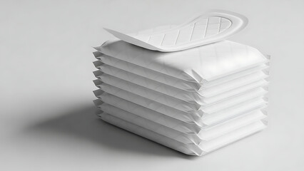 A neatly stacked pile of white towels with a towel on top folded back to reveal a subtle texture on a plain white background