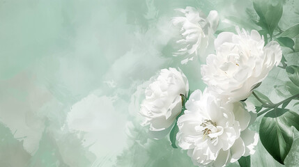 Fototapeta premium Elegant watercolor illustration of blooming white peonies on a soft green background