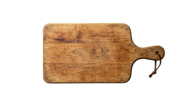 Rustic antique wooden cutting board with handle for kitchen food preparation isolated on transparent background