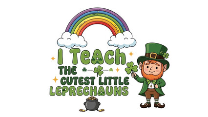 Charming 'I Teach the Cutest Little Leprechauns' illustration for teachers, celebrating St. Patrick's Day with a joyful leprechaun, lucky shamrocks, and a colorful rainbow