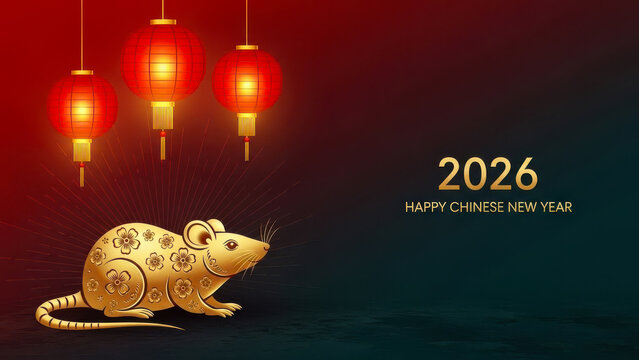 Golden rat figurine with red lanterns and the year 2026 marking the chinese new year celebration