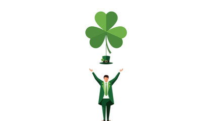 Lucky green shamrock hat floating above a celebratory man in a suit on Saint Patrick's Day