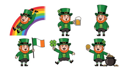 Fototapeta premium Happy St. Patrick's Day! Collection of cheerful leprechauns with various attributes in a cartoon style