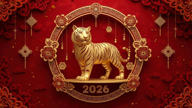 Golden tiger statue inside ornate oval frame with chinese new year decorations and 2026 date