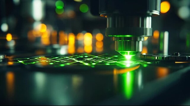Close-up of a laser cutting or engraving a circuit board with green laser beam.