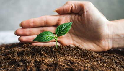 Woman's hand carefully protects a young green plant sapling growing in soil