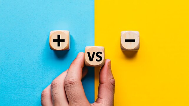 Plus and minus comparison concept with wooden blocks and colorful background