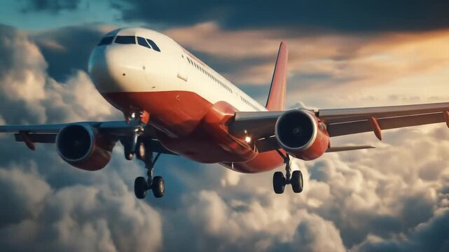 Front-facing jet descends through sunlit clouds, engines roar, wings wide, nearing the runway ahead
