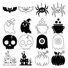 Set of 16 Halloween Icons in Silhouette and Outline Style, Spooky Vector Collection