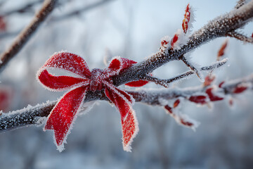 Festive red bow adorns a frosted branch, bringing holiday cheer to a winter landscape with a touch of vibrant color and seasonal magic