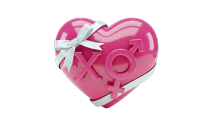 Glossy Pink Heart Shaped Gift Box with White Ribbon and XO Symbols Featuring Male and Female Gender Icons Representing Love and Relationships