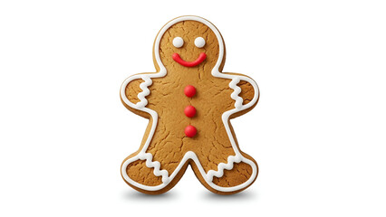 Smiling Gingerbread Man Cookie with Icing Decorations Isolated on White