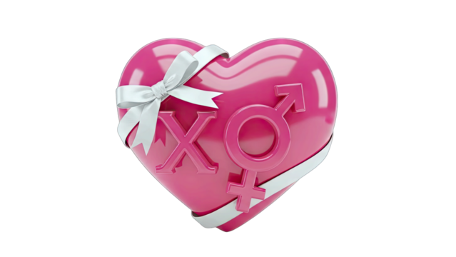 Glossy Pink Heart Shaped Gift Box with White Ribbon and XO Symbols Featuring Male and Female Gender Icons Representing Love and Relationships