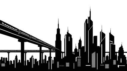 Futuristic city skyline with elevated train silhouette