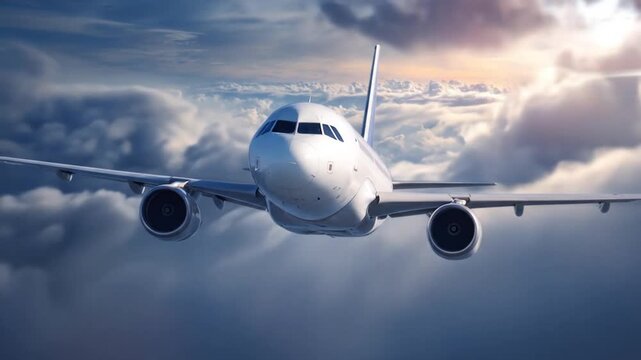 A white passenger jet nears the camera midair, wings spanning clouds and sunlight above under glow!!