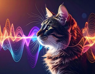 Cat profile with neon waveform