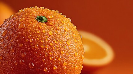 "Photorealistic close-up of a ripe orange, detailed textures and juice droplets, soft shadows, macro perspective for culinary illustrations or creative design.