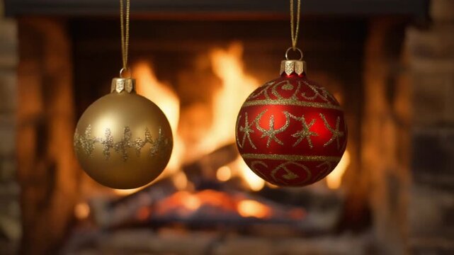 Two radiant Christmas ornaments, one golden and one red, elegantly dangle against the comforting, blurred glow of a crackling fireplace, evoking warmth and festive cheer