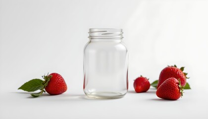 A jar of honey with a label placed on a clean surface alongside fresh strawberries that add a pop of red to the composition. The background is neutral, focusing attention on the jar and strawberries.