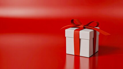 White gift box with red ribbon on bright red background