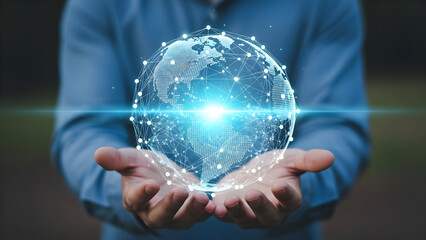 Person holding digital fingerprint with glowing light and connections