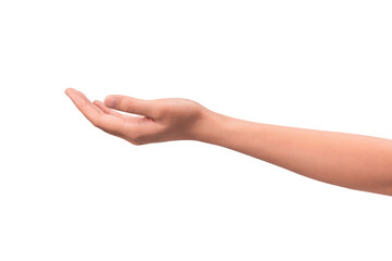 Close-up of a beautiful empty hand gesture isolated on a transparent PNG.

