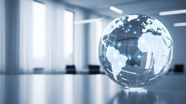 Crystal globe in modern office space reflecting global business