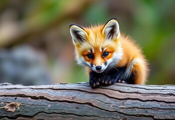 Fototapeta premium Adorable fluffy fox kit perched on a log, playful gaze, forest, mammal photography