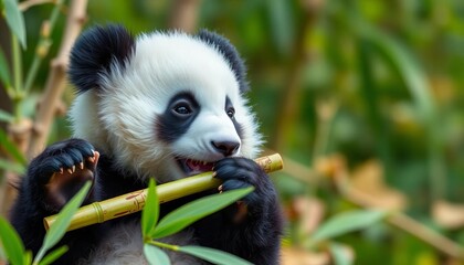 Obraz premium Adorable panda cub playfully clutches bamboo flute, showcasing curiosity, expression, zoo