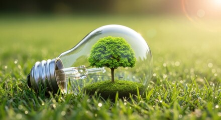 A green tree inside a light bulb on a grassy field with a sun shining through.