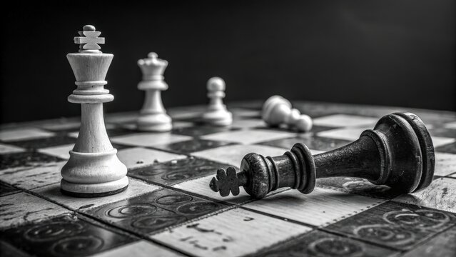 Chessboard with fallen king and standing pieces in dramatic light