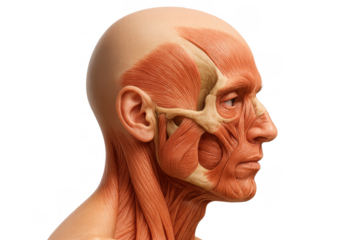 Human head anatomy illustrating facial muscles, skull bones, and neck structure in medical biology context