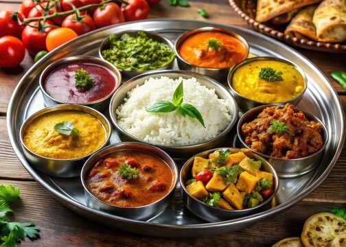 A vibrant Indian Thali platter showcases a colorful medley of rich curries, fluffy basmati rice, and an assortment of steamed vegetables