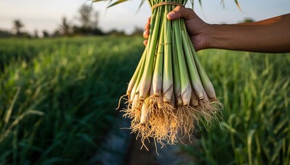 Freshly Harvested Lemongrass with Roots Held in Hand Against a Field Backdrop